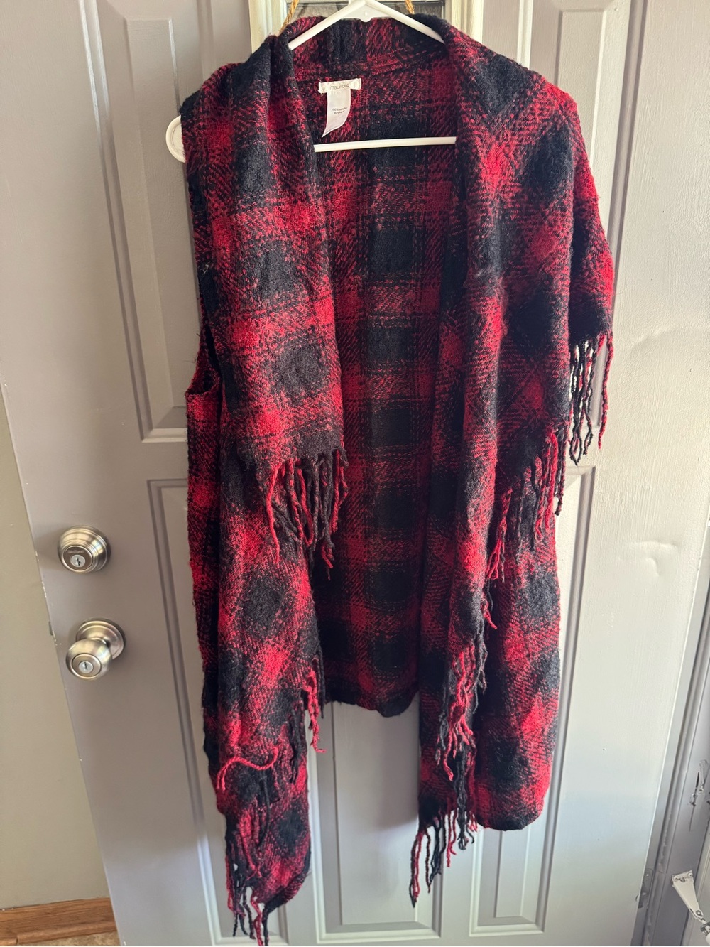 Maurices Red and Black Plaid Fringe Vest